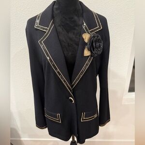 St.John by Marie Gray Black Knit Blazer w/Gold Trim & Sequin Flower Brooch